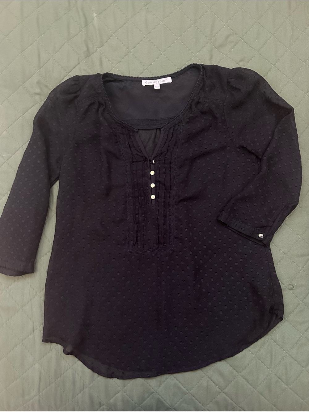 Daniel Rainn Black Dot-Textured Pintuck Peasant Blouse